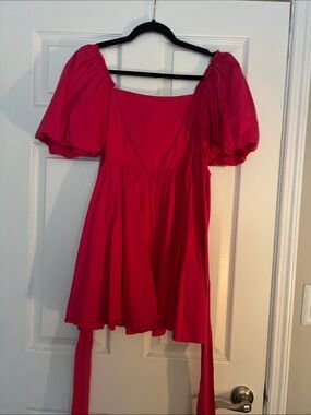 vestique Hot Pink Puff Sleeve Mini Dress